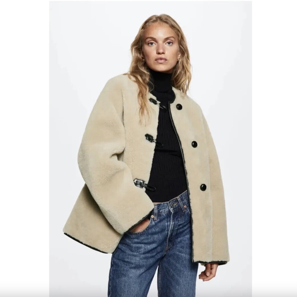 MANGO Appliqués Faux Fur Shearling Toggle Coat Size Small